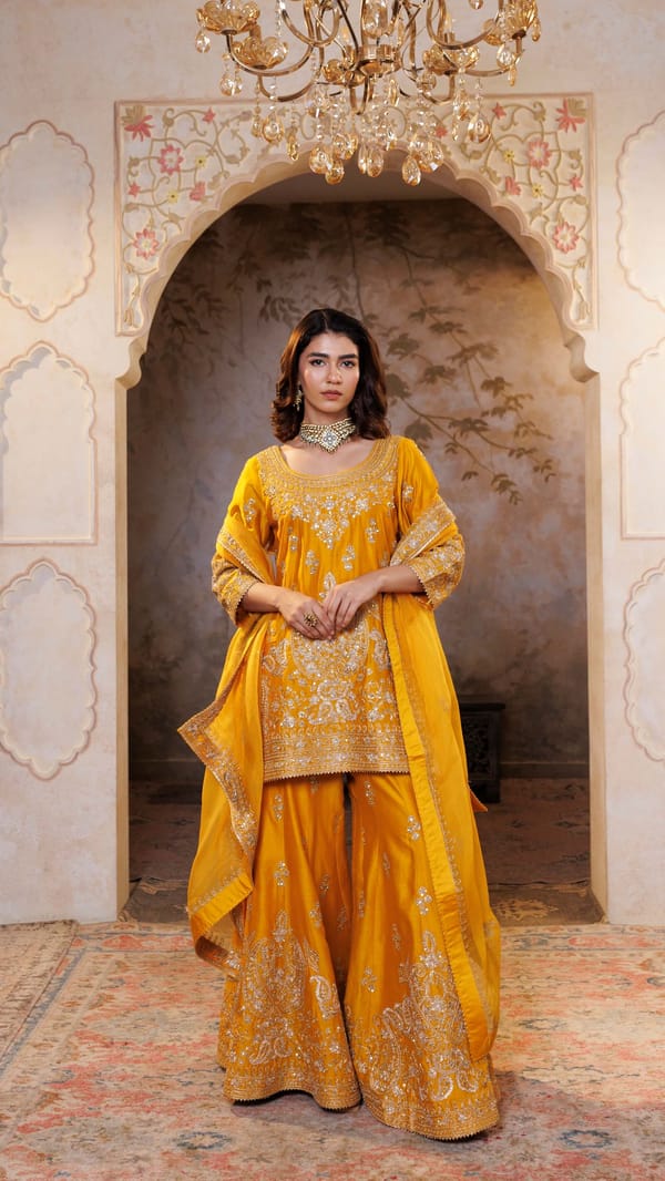Mustard Gul Embroidered Sharara Set — Kylee Fashions