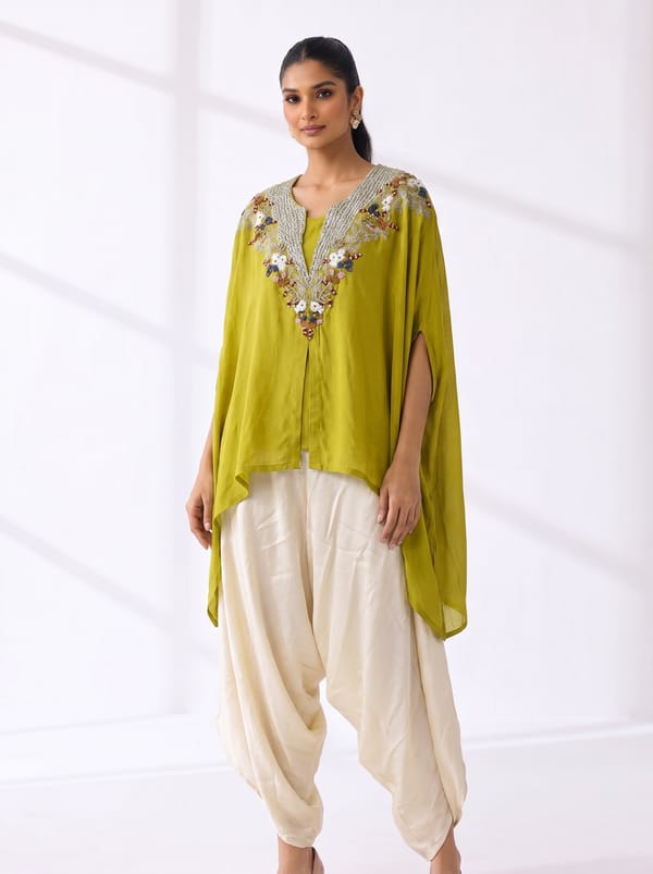 Lime Georgette Embellished Cape Co-ord Set — Basanti Kapde aur Koffee