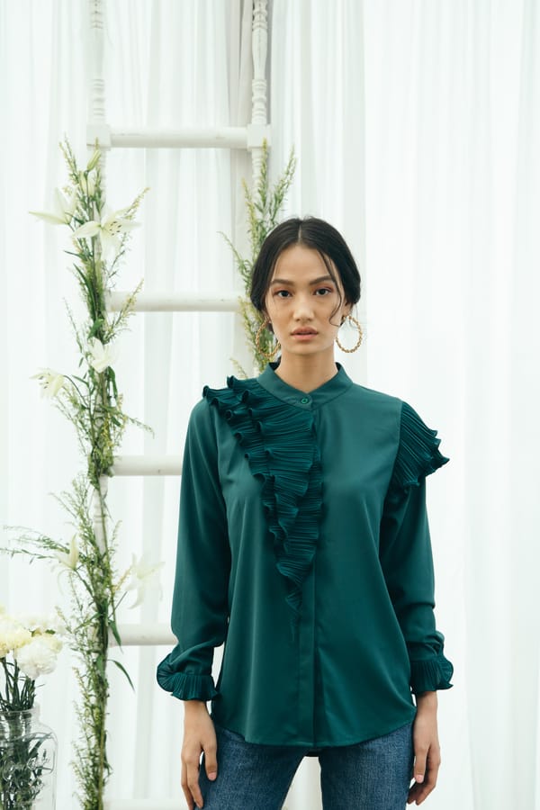 Green Crepe Mandarin Collar Shirt with Pleated Ruffle Detail — Pleats by Aruni