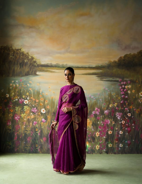 Aubergine Silk Organza Embroidered Saree Set — Shikha Mehta