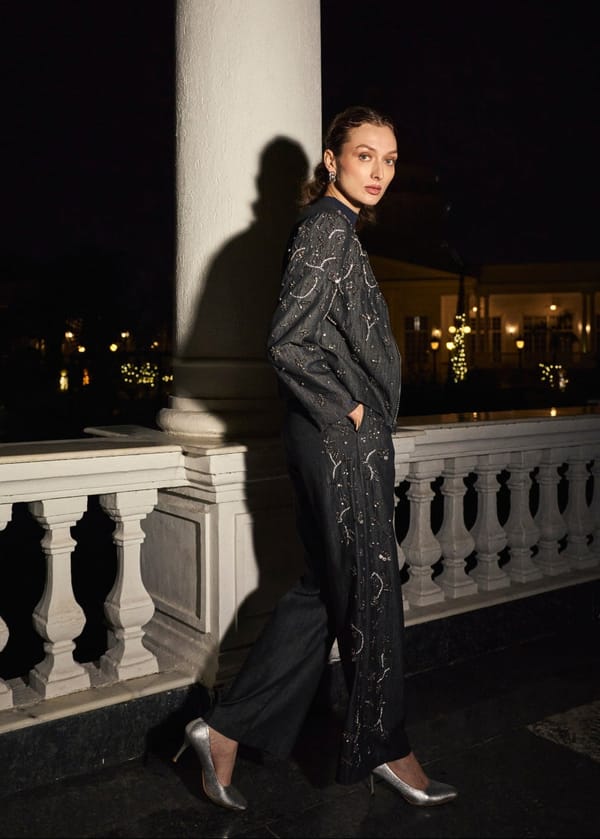 Black Embellished Wide-Leg Denim Trousers — Style Island