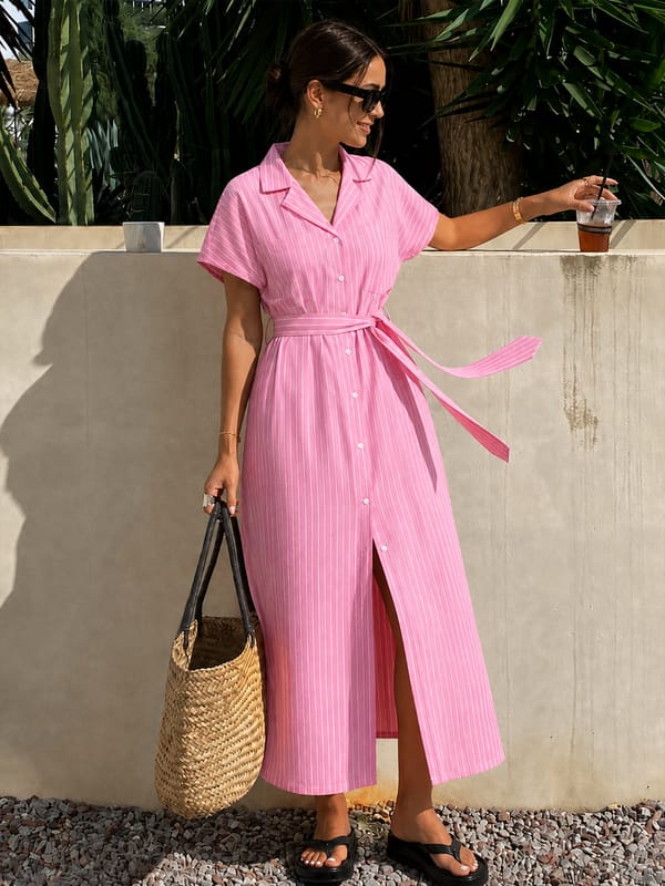 Pink Stripe Button Down Calf Length Dress — Femmella