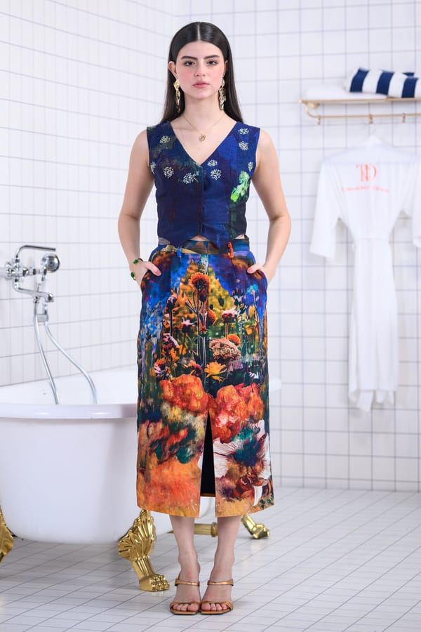 Blue Waistcoat and Printed Midi Skirt Co-ord Set — The Dramebaaz Company