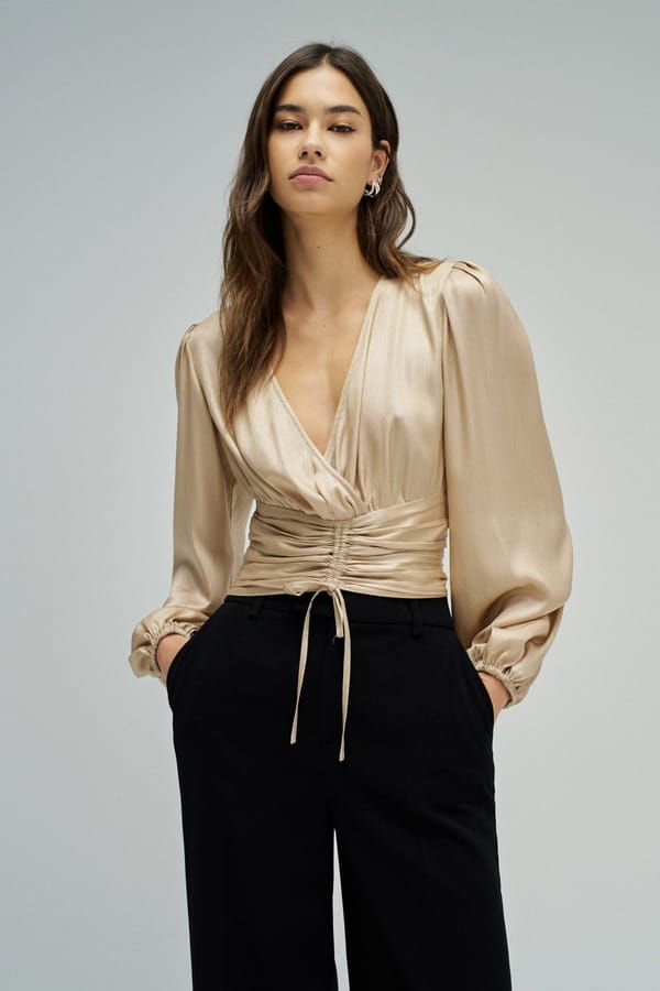 Gold Metallic Ruched Waist Tie-Up Wrap Blouse — SALSA JEANS