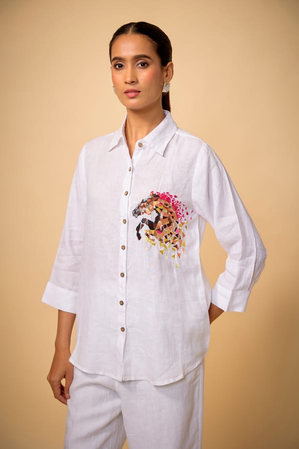 White Linen Relaxed-Fit Shirt with Chest Embroidery — Linen Bloom