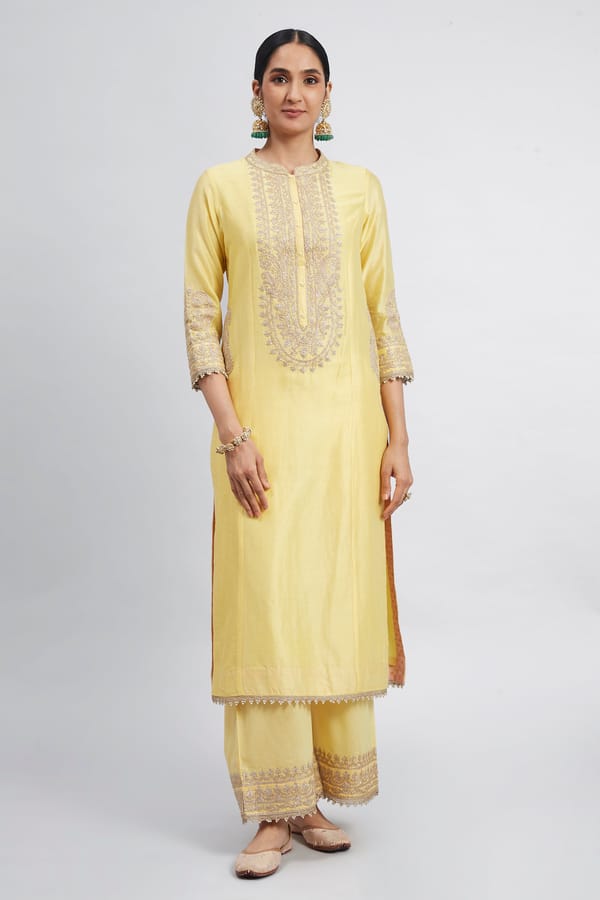 Daffodil Yellow Embroidered Straight Kurta Set with Palazzo — Sheetal Batra