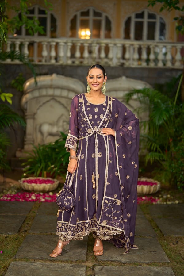 Purple Organza Anarkali Kurta Set with Gold Embroidery — NARAYANI VASTRA
