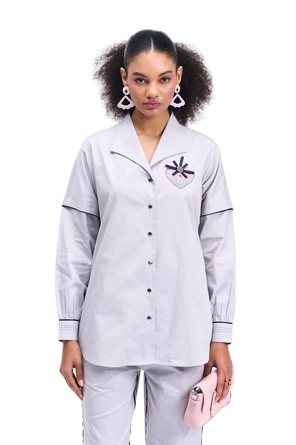 Cloud Grey Cotton Twill Shirt with Heart Applique — Our Love