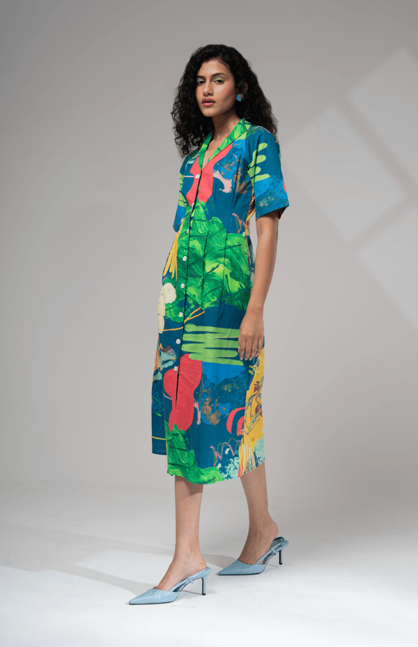 Multicolor Abstract Printed Midi Shirt Dress — ADVAIT
