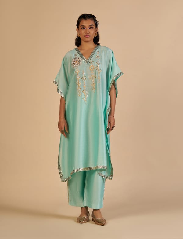 Aqua Silk Chanderi Gota and Sequin Embroidered Kaftan — Gulabo by Abu Sandeep