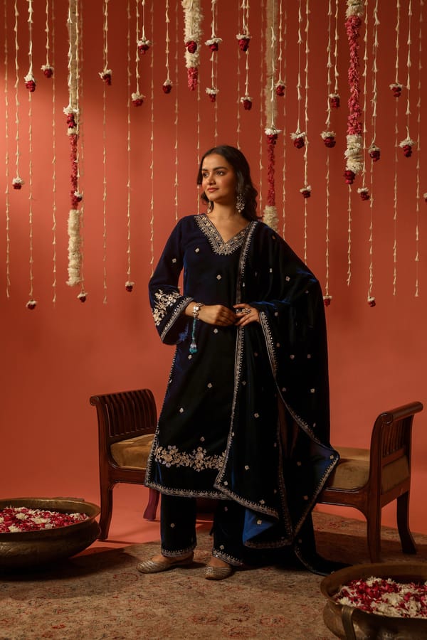 Blue Velvet Embroidered Straight Suit Set with Dupatta — NARAYANI VASTRA