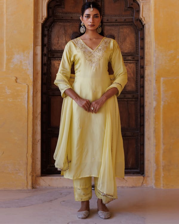 Pastel Yellow Silk Hand Embroidered Kurta Set — Bannhi by Priyanka Rathore