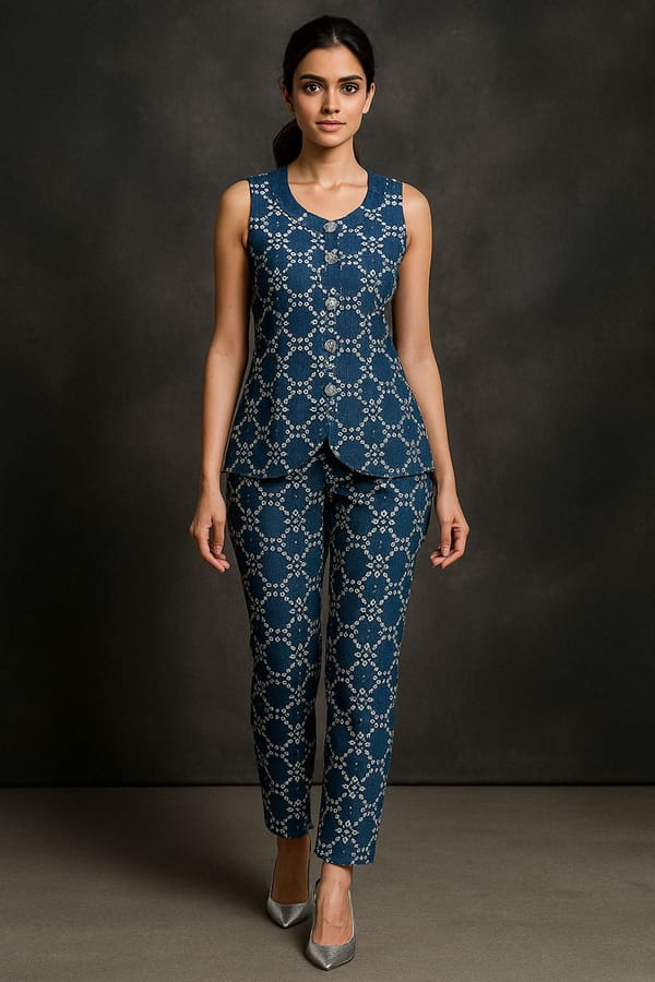 Blue Embroidered Denim Waistcoat and Pants Co-ord Set — Younglings
