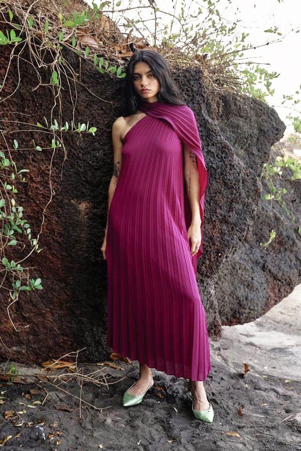 Mulberry One-Shoulder Pleated Midi Dress with Scarf Panel — Dash and Dot