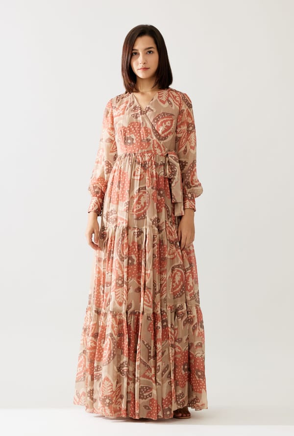 Grey And Peach Floral Wrap Dress — KoAi