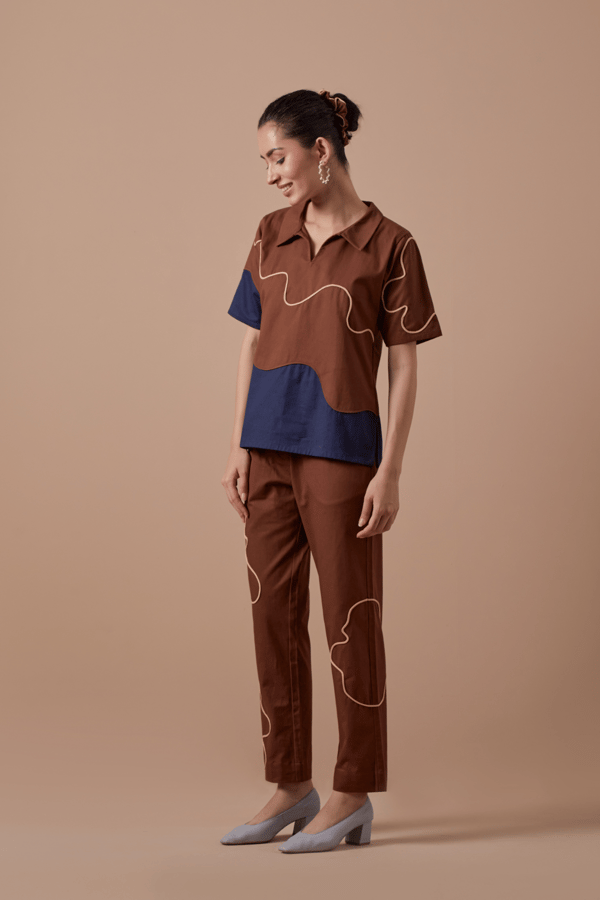 Mocha Brown Colorblocked Cotton Twill Co-ord Set — SHIBUI