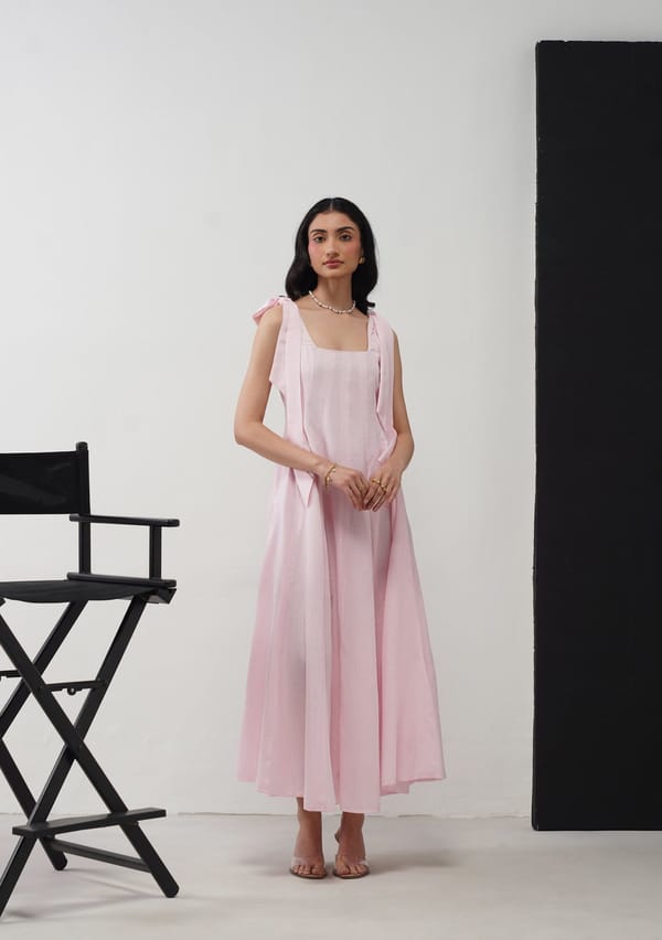 Baby Pink Fit and Flare Maxi Dress with Detachable Bows — AMOSHI