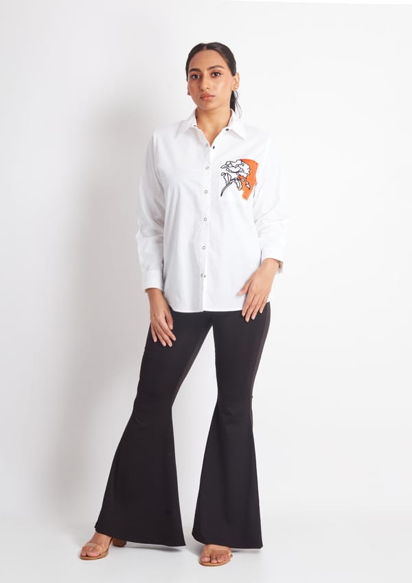 White Comfort Fit Cotton Shirt with Pocket Embroidery — Richa Goenka