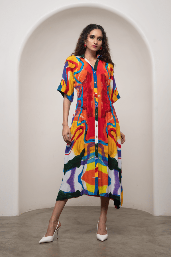 Multicolor Abstract Print Button-Front Midi Shirt Dress — ADVAIT