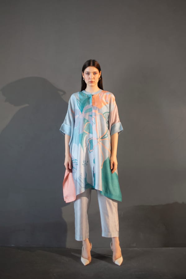 Blue & Orange Asymmetric Kurta Set — CLOS