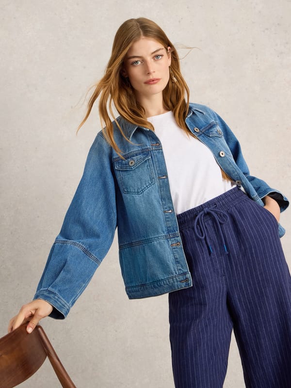 Mid Denim Button-Front Denim Jacket with Chest Pockets — White Stuff