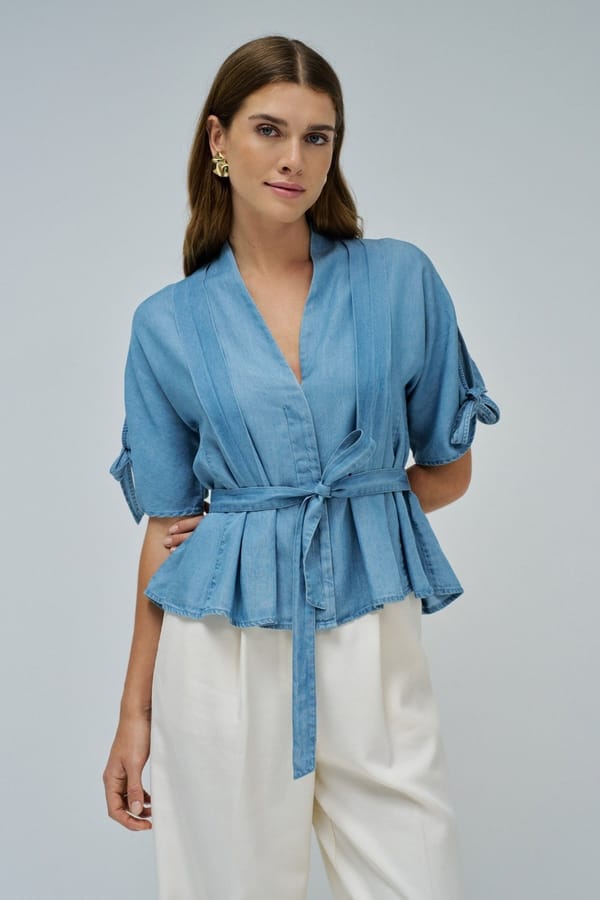 Blue Light-Denim Belted V-Neck Blouse — SALSA JEANS