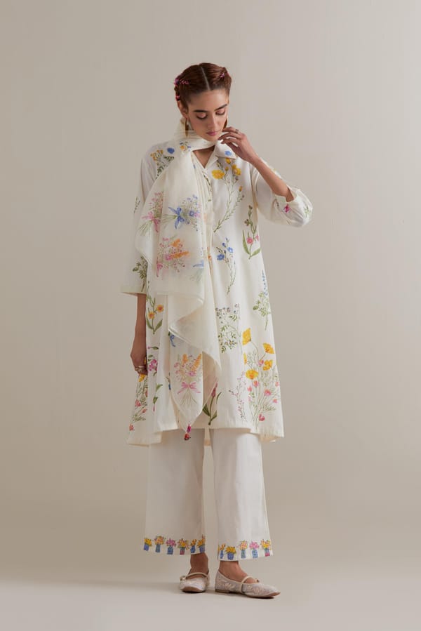 Off-White Floral Block Print A-Line Kurta Set with Dupatta — Upavita