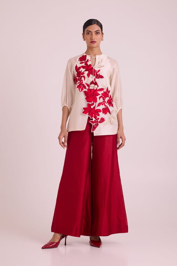 Ivory Embroidered Tie-Up Top and Red Wide-Leg Pants Set — Madder Much