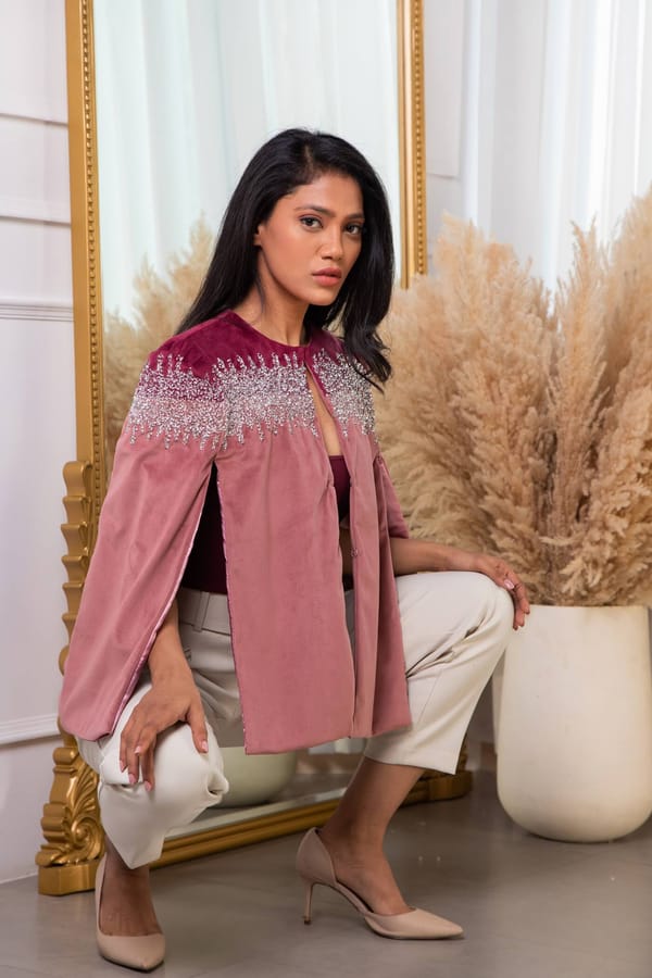 Rose and Burgundy Embellished Velvet Cape — Rhe-Ana