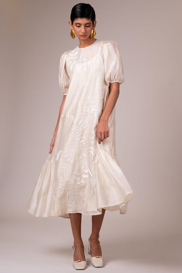 Ivory Embroidered A-Line Midi Dress with Puff Sleeves — Madder Much