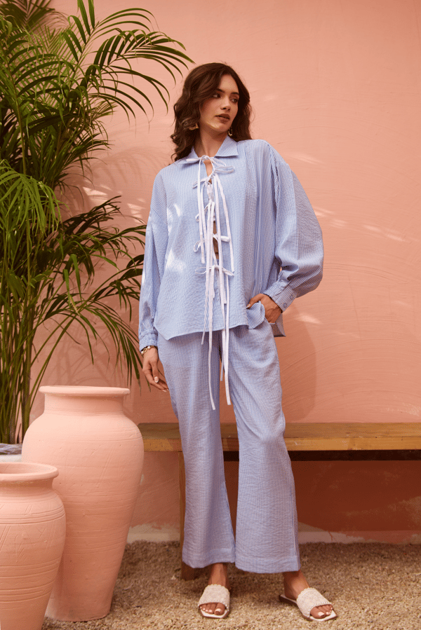 Blue and White Pinstripe Tie-Up Shirt Co-ord Set — Armoire