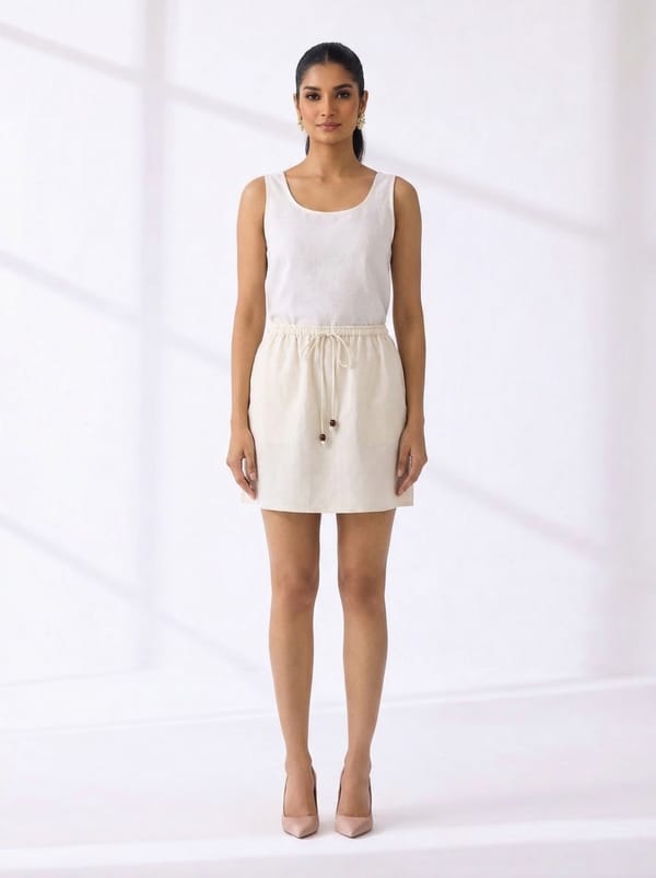Off-White Linen Blend Drawstring Mini Skirt — QUZU