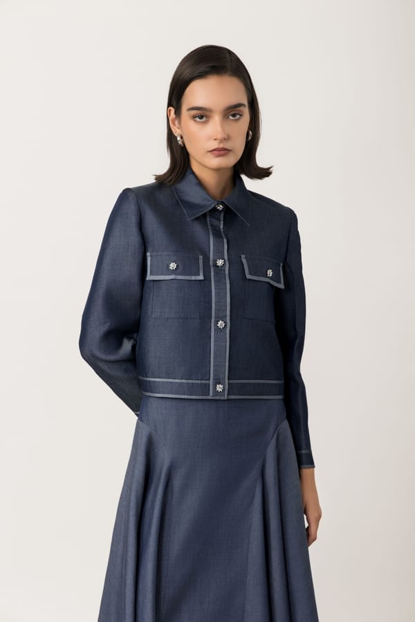 Denim Blue High-Waist A-Line Midi Skirt — Studio MuGu