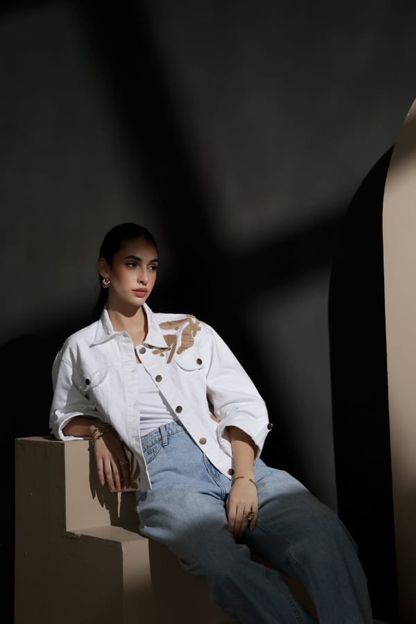 Ivory Denim Jacket with Beige Raffia Embroidery — Rhe-Ana