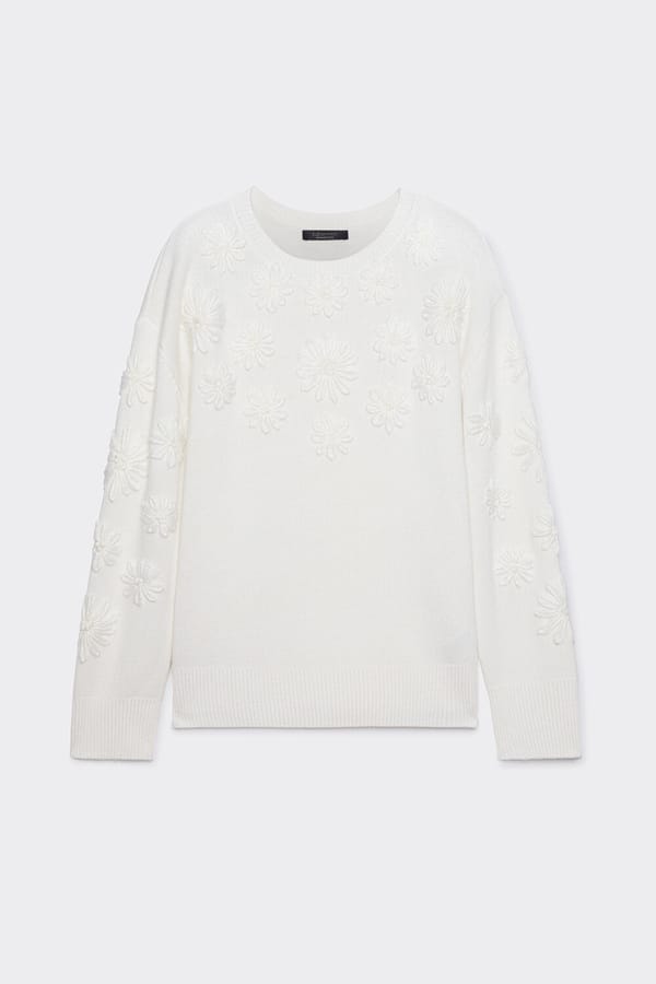 White Floral Embroidered Round-Neck Pullover Sweater — ELENA MIRO