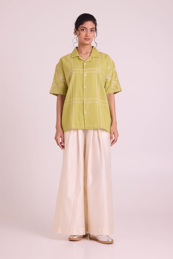 Lime Green Relaxed Fit Boxy Shirt with Stitch Grid — Madder Much