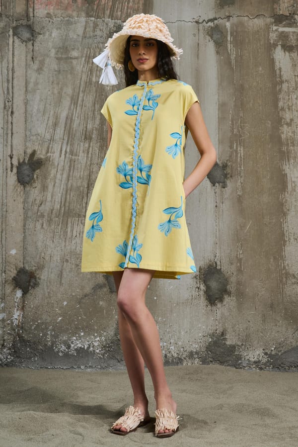 Yellow Floral Print Mini Shift Dress with Front Zip — Pocketful Of Cherrie