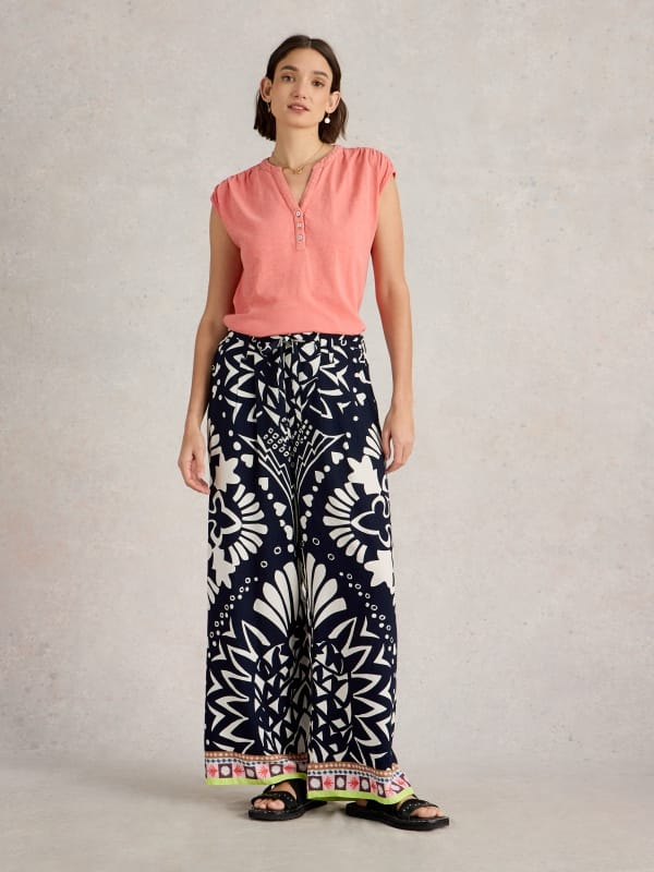 Navy Multi Printed Wide-Leg Trousers with Tie Belt — White Stuff