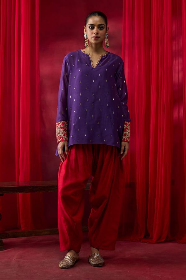 Purple Tunic and Red Salwar Co-ord Set With Embroidered Cuffs — Shikha Mehta