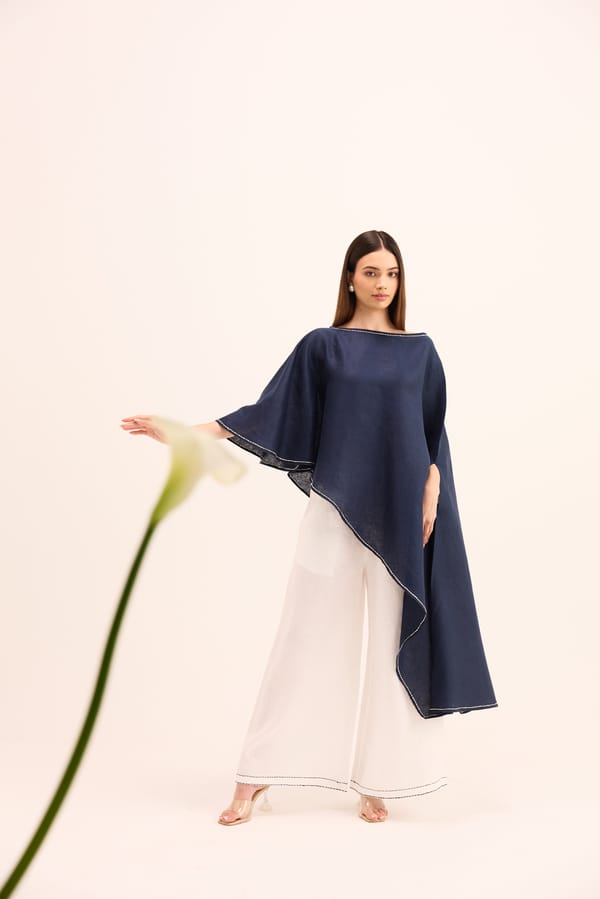 Blue Cape Top and White Linen Pants Co-ord Set — Prink Tonic