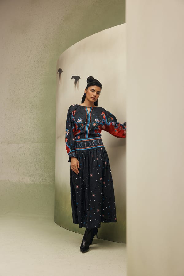 Black Cotton Satin Printed High-Waist Midi Skirt — SHOP NOIB