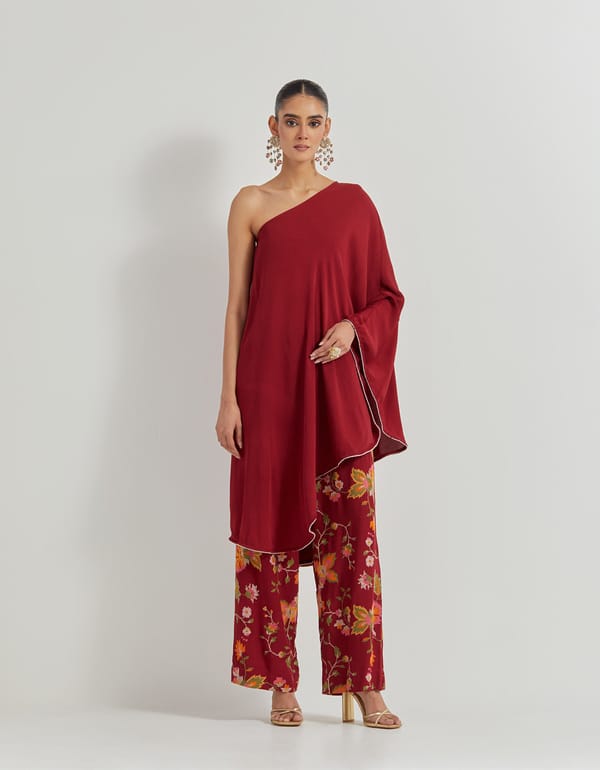 Red One-Shoulder Draped Tunic and Embroidered Pants Set — Kavita Bhartia