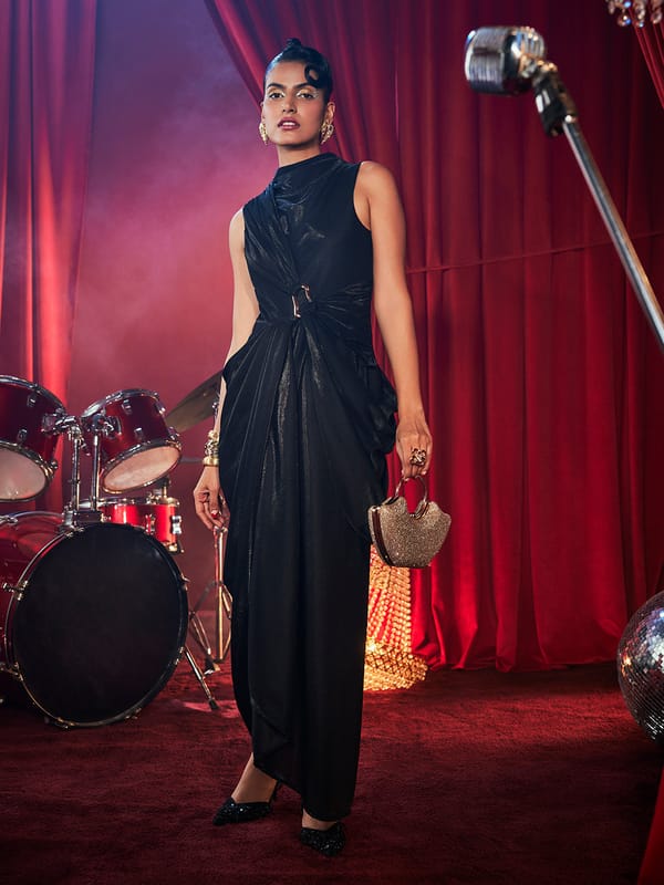 Black Draped Satin Maxi Gown with Waist Buckle — HOUSE OF FETT
