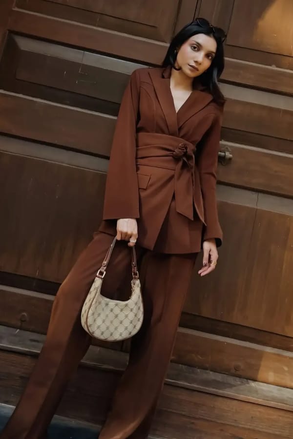 Brown Longline Wrap Blazer and Wide-Leg Pants Co-ord Set — Torqadorn
