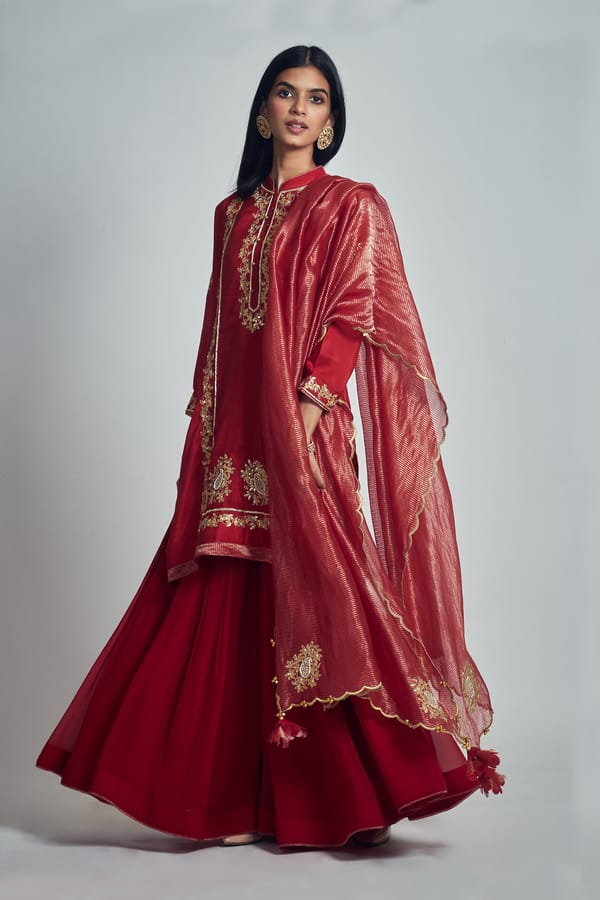 Deep Red Embroidered Kurta Garara Set with Dupatta — Sheetal Batra