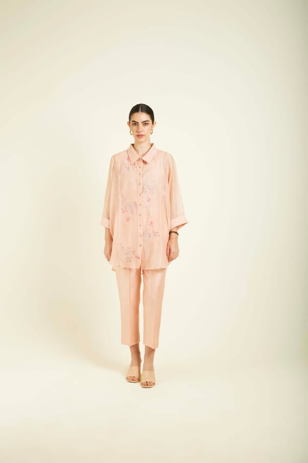 Old Rose Chanderi Shirt and Straight Pants Co-ord Set — Arcvsh Pallavi Singh
