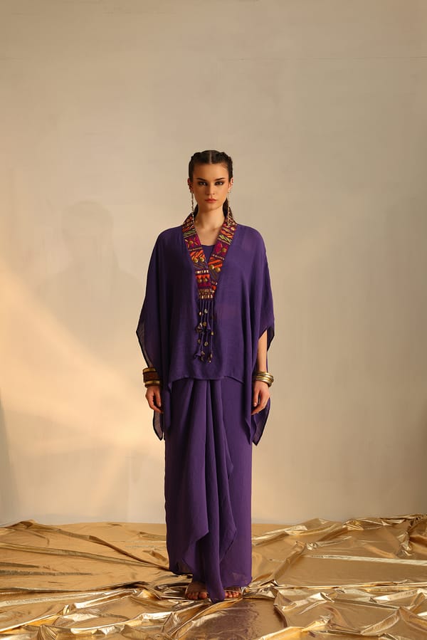 Purple V-Neck Poncho and Draped Maxi Skirt Co-ord Set — EnEch