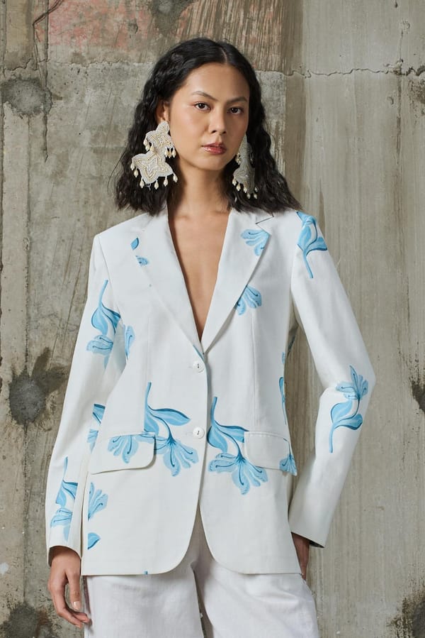 White Linen Blue Floral Print Tailored Blazer — Pocketful Of Cherrie