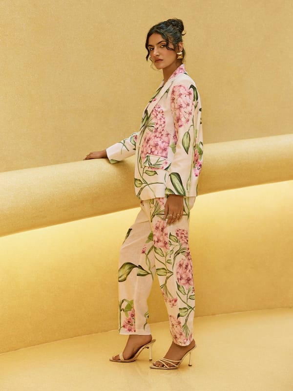 Ivory Floral Printed Straight-Leg Trousers — HOUSE OF FETT