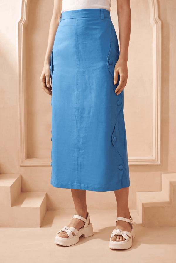 Blue Solid Pencil Skirt with Zig-Zag Side Seam Button — Western Era